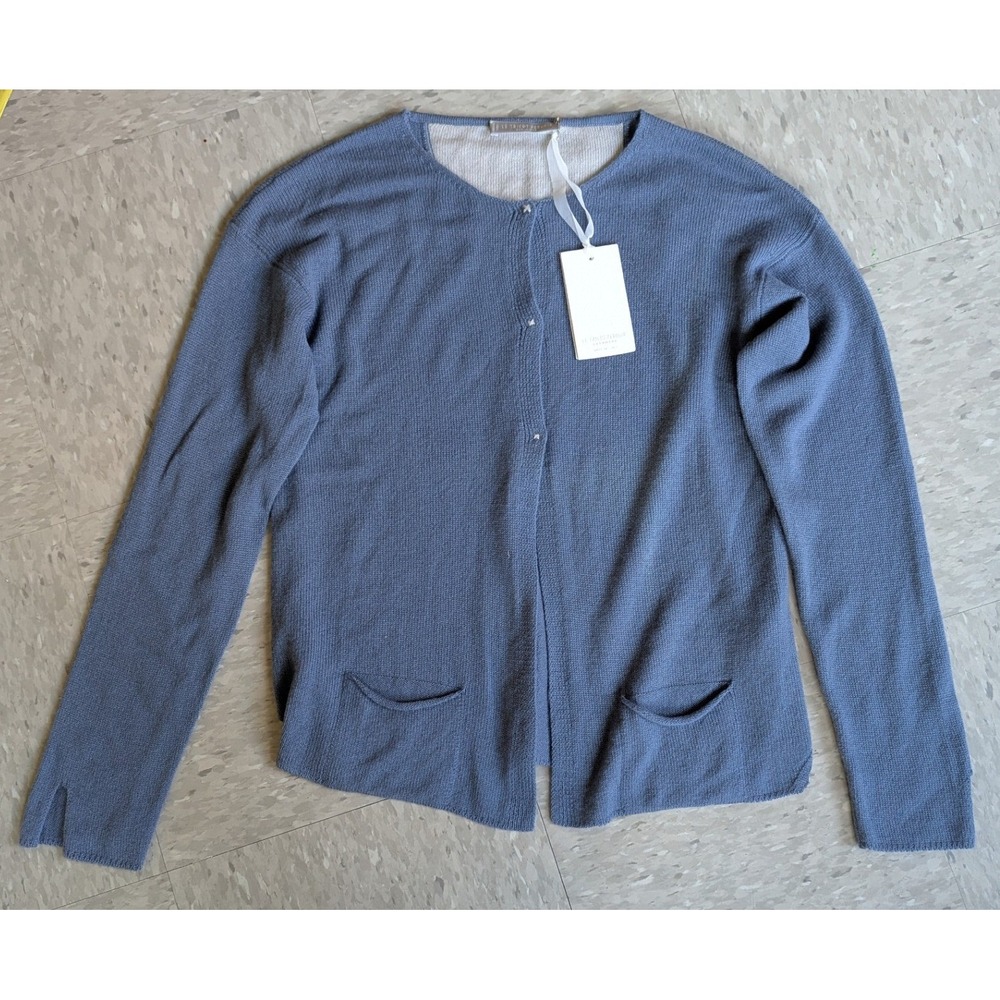 Le Tricot Perugia Cashmere Cardigan Blue Minimalist Knit Made in Italy NWT L